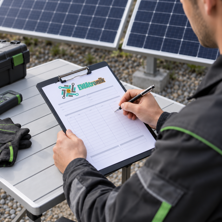 Prüfprotokoll Dokumentation einer PV-Prüfung auf einem Klemmbrett vor Solarmodulen.
