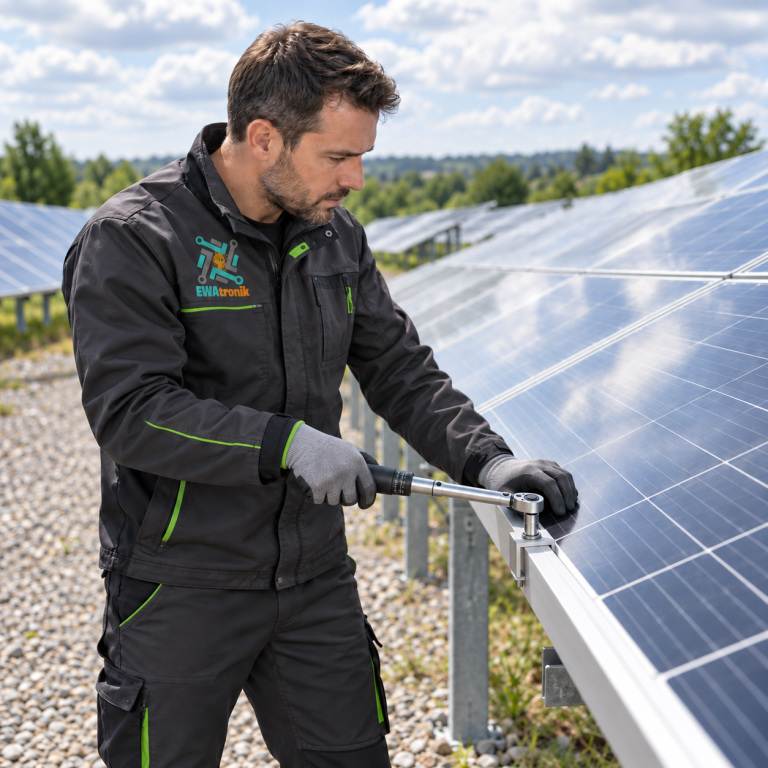 Sichtprüfung Techniker in EWAtronik-Arbeitskleidung bei der Sichtprüfung eines Solarmoduls.