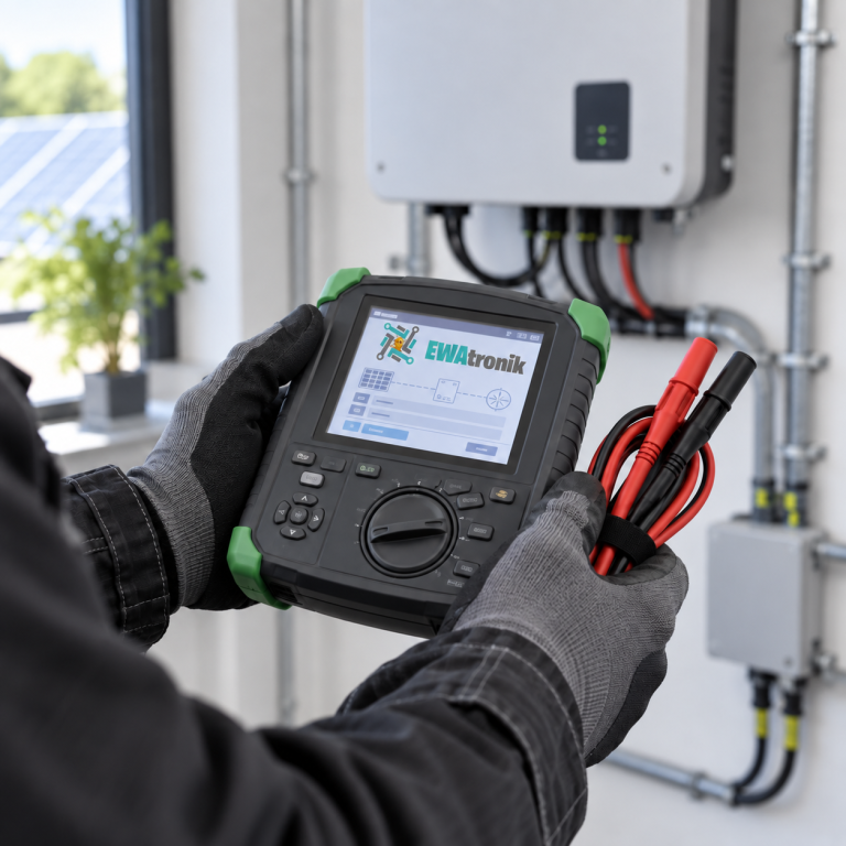 Messungen Messgerät zur elektrischen Prüfung einer PV-Anlage vor einem Wechselrichter.